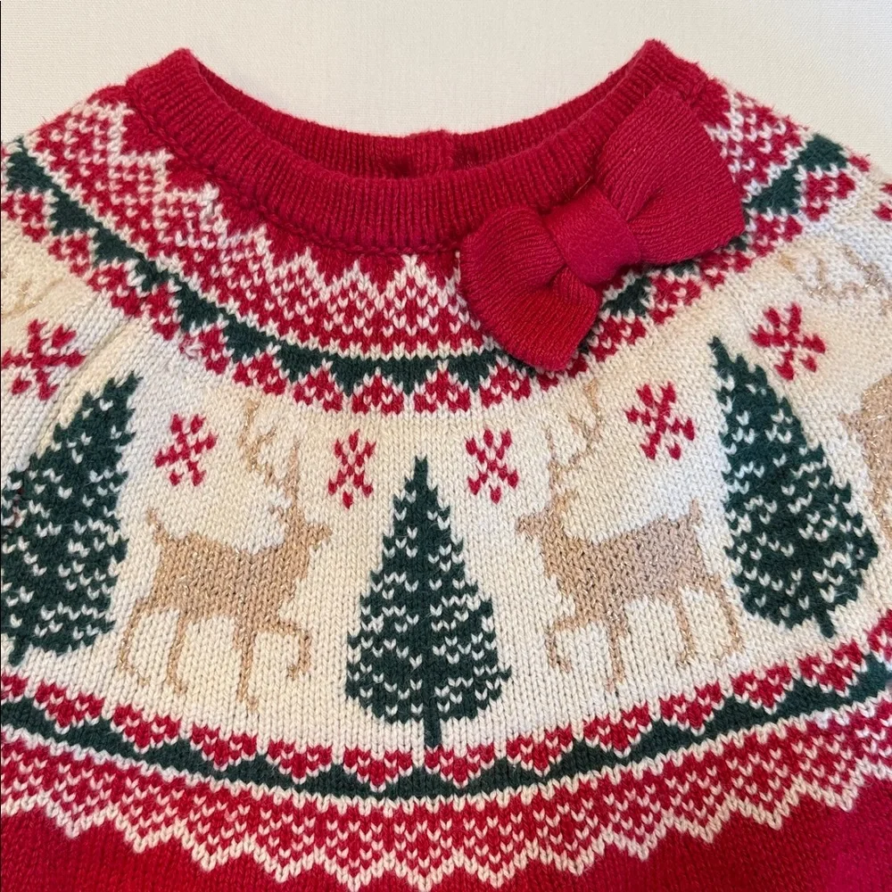 Adorable Tahari Red and Cream Knit Christmas Dress Christmas Trees Reindeer 0-3m
